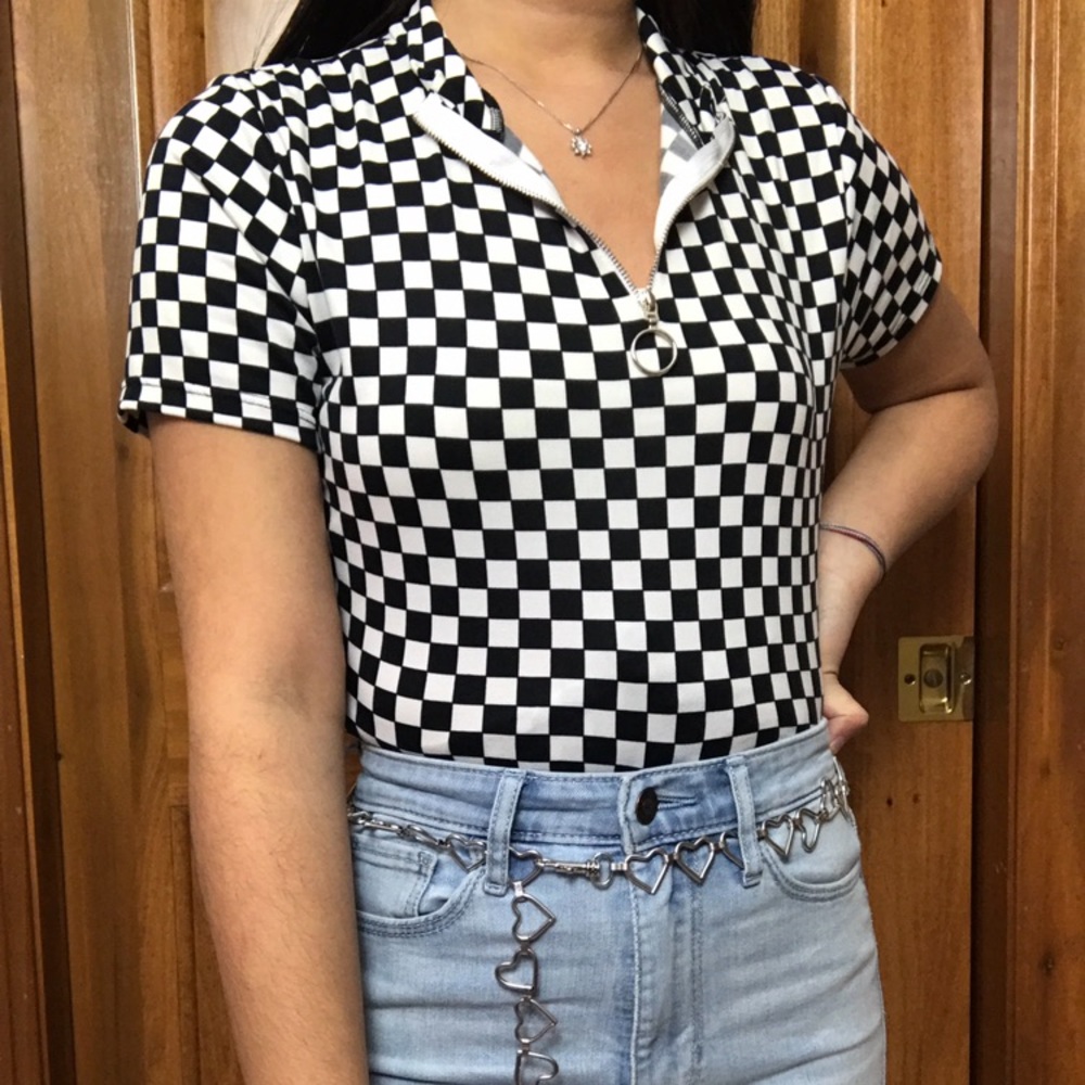 Checkered Quarter Zip Short Sleeve Body Suit